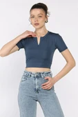 Petrol Kadın Ön Fermuarlı Modal Kumaş Crop Top Bluz - 2