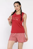 Bordo Kadın Çizgi Desenli Baskılı Şortlu Pijama Takımı - 2