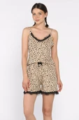 Bej Kadın İp Askılı Leopar Desenli Şortlu Pijama Takımı - 1