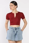Bordo Kadın Ön Fermuarlı Modal Kumaş Crop Top Bluz - 1