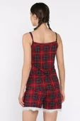 Bordo Kadın Ekose Desenli İp Askılı Şortlu Pijama Takımı - 3