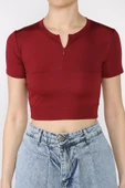 Bordo Kadın Ön Fermuarlı Modal Kumaş Crop Top Bluz - 4