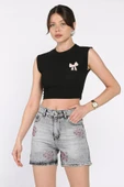 Gri Kadın Çiçek Taşlı Jean Kot Şort - 3