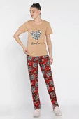 Bej Kadın Ekose Desenli Yarım Kol Baskılı Pijama Takımı - 1
