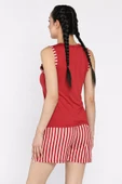 Bordo Kadın Çizgi Desenli Baskılı Şortlu Pijama Takımı - 3