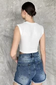 Krem Kadın Japone Kol Fiyonklu Fitilli Crop Top Bluz - 4