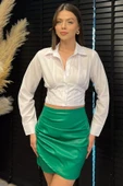 Beyaz Kadın Pile Detaylı Arka Bağlamalı Crop Top Gömlek - 2