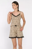 Bej Kadın İp Askılı Leopar Desenli Şortlu Pijama Takımı - 2