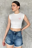 Krem Kadın Japone Kol Fiyonklu Fitilli Crop Top Bluz - 2