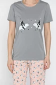 Gri Kadın Baskılı Yarım Kol Pijama Takımı - 4