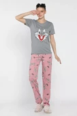 Gri Kadın Bisiklet Yaka Kısa Kol Baskılı Pijama Takımı - 1