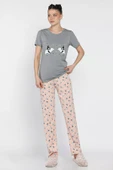 Gri Kadın Baskılı Yarım Kol Pijama Takımı - 1