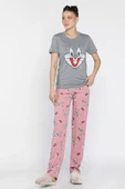 Gri Kadın Bisiklet Yaka Kısa Kol Baskılı Pijama Takımı - 2