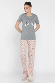 Gri Kadın Baskılı Yarım Kol Pijama Takımı - 2