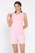 Pembe Kadın Çizgi Desenli Şortlu Pijama Takımı - 1