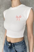 Krem Kadın Japone Kol Fiyonklu Fitilli Crop Top Bluz - 3
