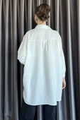 Krem Kadın Çizgi Desenli Uzun Kol Oversize Gömlek - 3