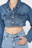 Lacivert Kadın Crop Top Jean Kot Ceket - 4