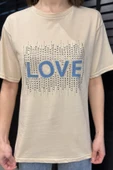 Bej Love Taşlı Bisiklet Yaka Kadın Tişört - 4