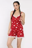 Bordo Kadın İp Askılı Yıldız Baskılı Şortlu Pijama Takımı - 1