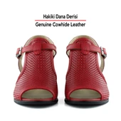 Erkan Saçmacı Elena Kırmızı Hakiki Dana Derisi Delik Detaylı Kalın Topuklu Rahat Günlük Sandalet - 4