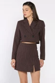 Kahve Çizgili Crop Top Ceket Şort Etek İkili Takım - 2