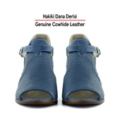 Erkan Saçmacı Elena Mavi Hakiki Dana Derisi Delik Detaylı Kalın Topuklu Rahat Günlük Sandalet - 4