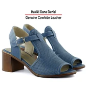 Erkan Saçmacı Elena Mavi Hakiki Dana Derisi Delik Detaylı Kalın Topuklu Rahat Günlük Sandalet - 3