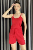 Kırmızı Kadın Kendinden Çizgi Desenli Şortlu İkili Takım - 1