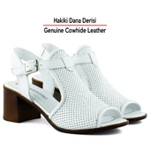 Erkan Saçmacı Elena Beyaz Hakiki Dana Derisi Delik Detaylı Kalın Topuklu Rahat Günlük Sandalet - 3