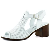Erkan Saçmacı Elena Beyaz Hakiki Dana Derisi Delik Detaylı Kalın Topuklu Rahat Günlük Sandalet - 1