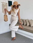 Yan bağlama detaylı pantolonlu takım bej thumbnail 2