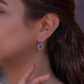 Çiçek Tasarımlı Mor ve Beyaz Zirkon Taşlı Çengelli 925 Ayar Gümüş Küpe thumbnail 2