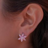 Lotus Çiçeği Tasarımlı Pembe Zirkon Taşlı 925 Ayar Gümüş Küpe - 1