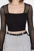 Siyah Kadın Kare Yaka Sırt Ve Kol Transparan Crop Top Bluz - 4