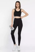Siyah Kadın Kalın Askılı Fitilli Crop Yüksek Bel Sporcu Tayt İkili Takım - 2