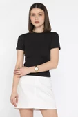 Siyah Kadın Bisiklet Yaka Likralı Modal Kumaş Crop Top Bluz - 2