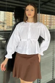 Beyaz Bel Bağlamalı Kol Lastikli Kadın Bisiklet Yaka Gömlek - 1