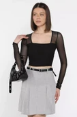 Siyah Kadın Kare Yaka Sırt Ve Kol Transparan Crop Top Bluz - 2