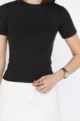 Siyah Kadın Bisiklet Yaka Likralı Modal Kumaş Crop Top Bluz - 3