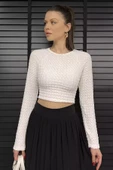 Krem Bel Lastikli Ve Bağlamalı Kadın Kabartma Desen Crop Top Bluz - 2