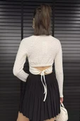 Krem Bel Lastikli Ve Bağlamalı Kadın Kabartma Desen Crop Top Bluz - 3