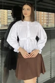 Beyaz Bel Bağlamalı Kol Lastikli Kadın Bisiklet Yaka Gömlek - 2