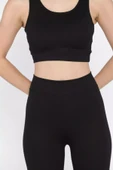Siyah Kadın Kalın Askılı Fitilli Crop Yüksek Bel Sporcu Tayt İkili Takım - 4