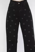 Siyah Kadın Yüksek Bel Kalp Desenli Jean Kot Pantolon - 3