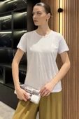 Beyaz Kadın Bisiklet Yaka Basic Tişört - 1