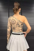 Bej Desenli Tek Kol Detaylı Kadın Croptop Bluz - 3