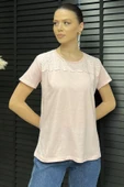Pembe Kadın Dantel İşlemeli Bisiklet Yaka Tişört - 2