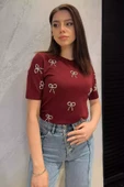 Bordo Taş Detaylı Bisiklet Yaka Kadın Kısa Kol Bluz - 1