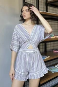 Lila Kadın Çizgi Desenli Keten Şortlu Tulum - 2
